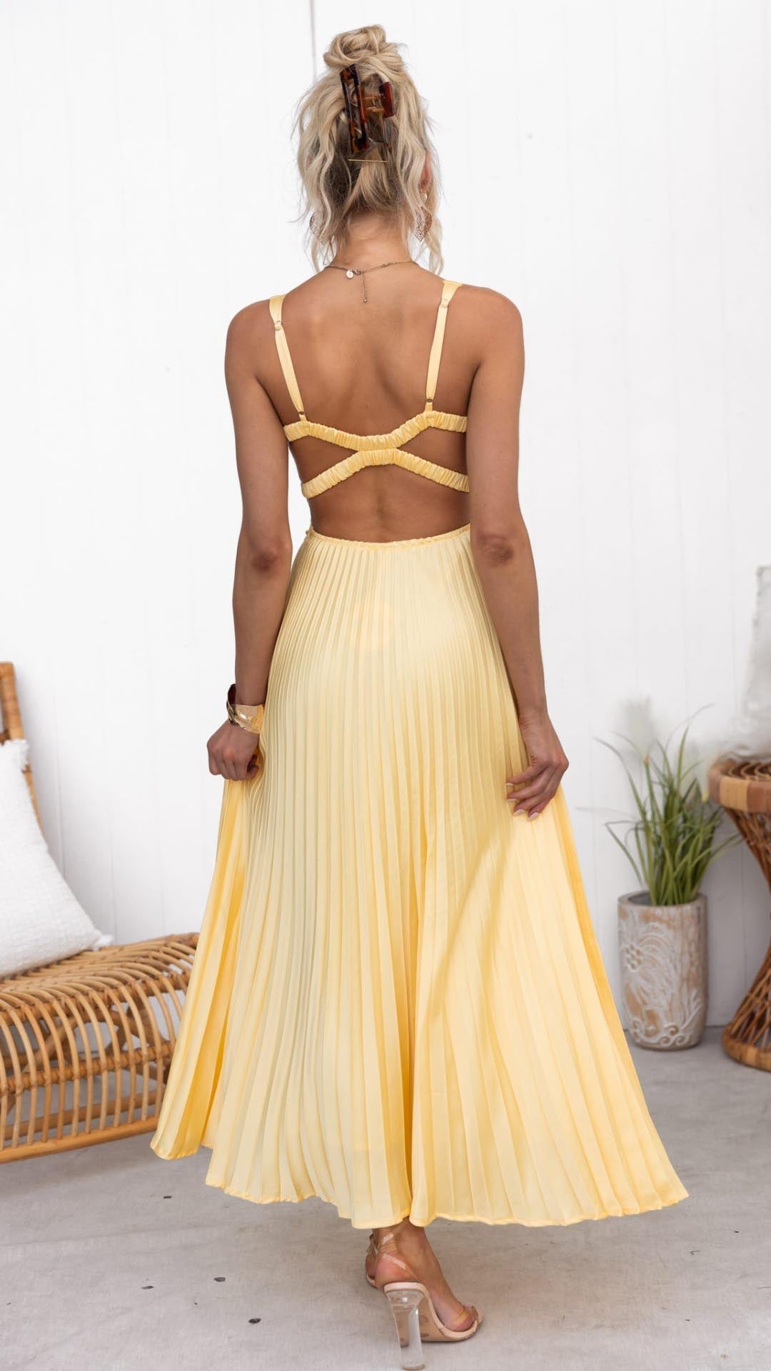 Aby | Gele geplooide V-hals maxi-jurk