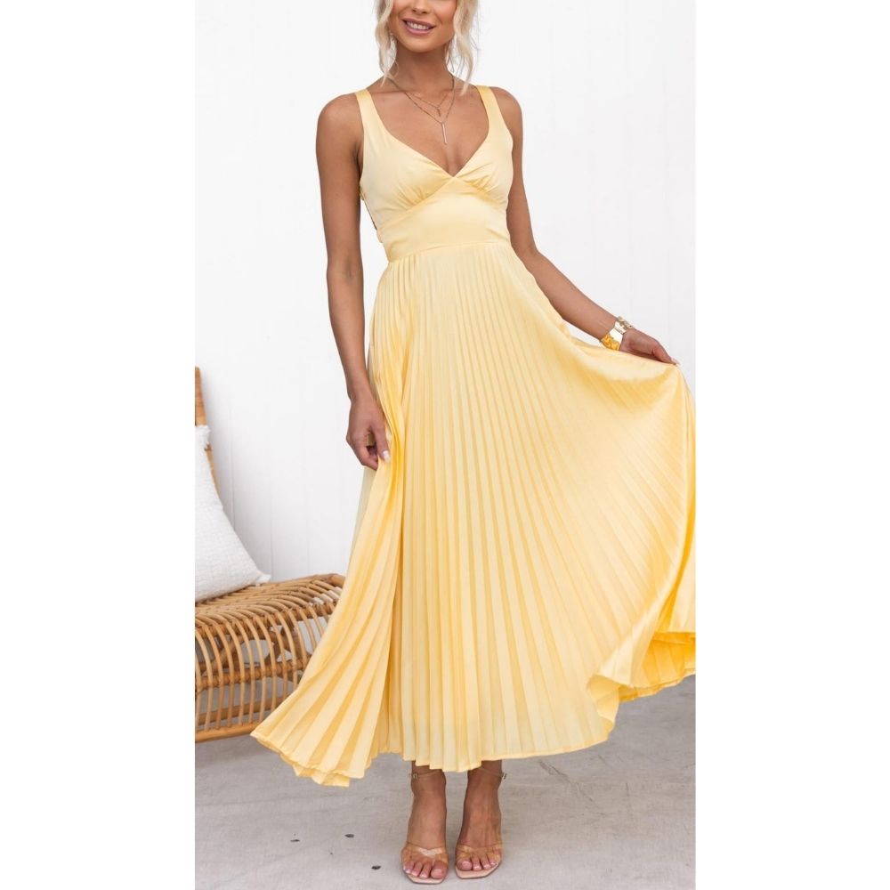 Aby | Gele geplooide V-hals maxi-jurk